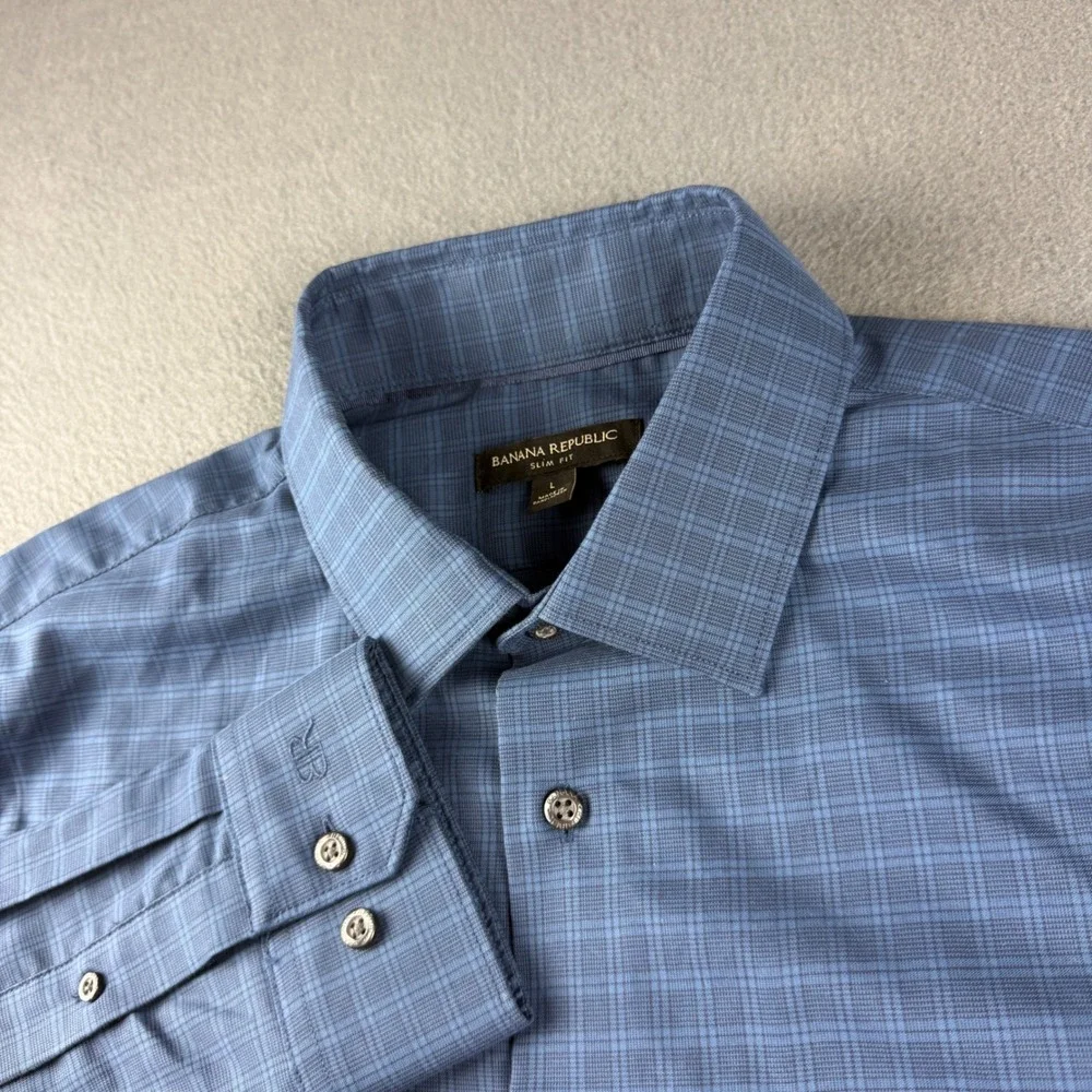 Banana Republic Shirt Men's L Blue Slim Fit Plaid Long Sleeve Button Up Cotton